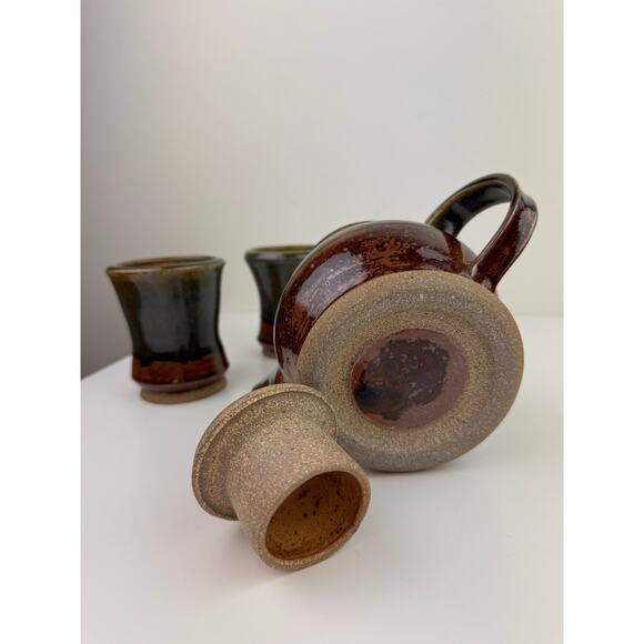 Brown Green Ceramic Hand Thrown Pottery Decorative Cup & Teapot Tea Set 3-Piece - Picture 10 of 12